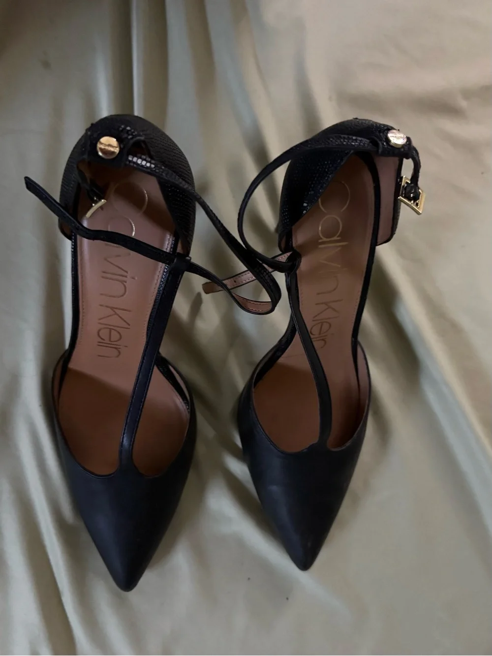Calvin Klein Black Pointed T-Strap Heels